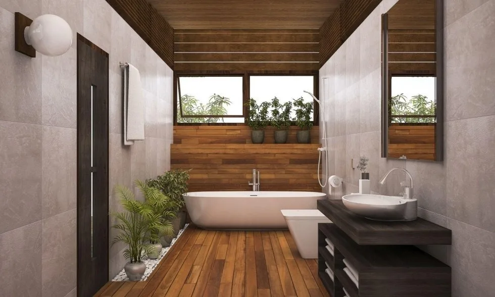 Bagno con superfici effetto legno e vasca freestanding