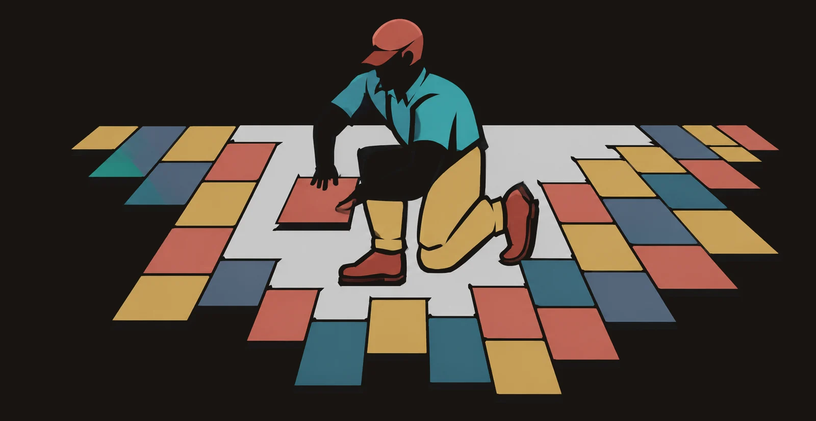 Illustrazione di un posatore che posa piastrelle colorate — segno grafico Cremona Ceramiche